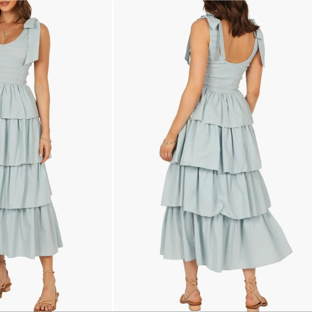 Petal & Pup Light Blue Tiered Maxi Dress with Bow Straps